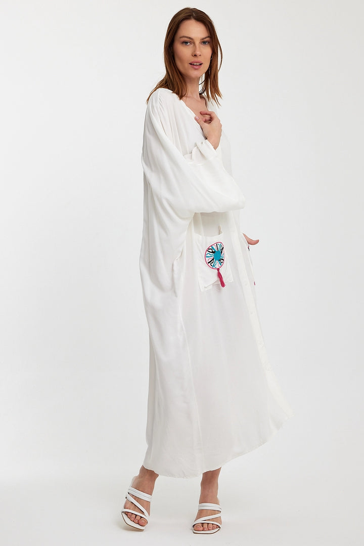 Maxi Boy White Double Pocket Embroidered Long Loose Woven Shirt Dress BCVL-24948 - Coburg