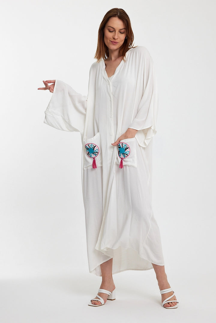 Maxi Boy White Double Pocket Embroidered Long Loose Woven Shirt Dress BCVL-24948 - Coburg