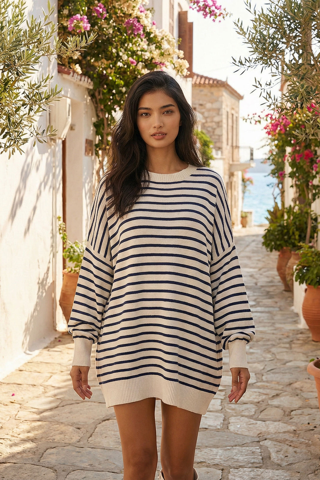 White Striped Bike Collar Striped Knit Mini Dress BCHPK-251240 - Alphen aan den Rijn