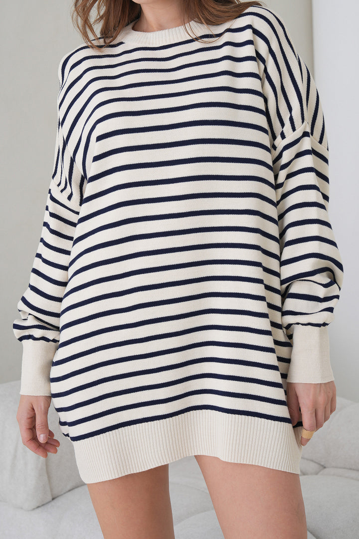 White Striped Bike Collar Striped Knit Mini Dress BCHPK-251240 - Tortosa