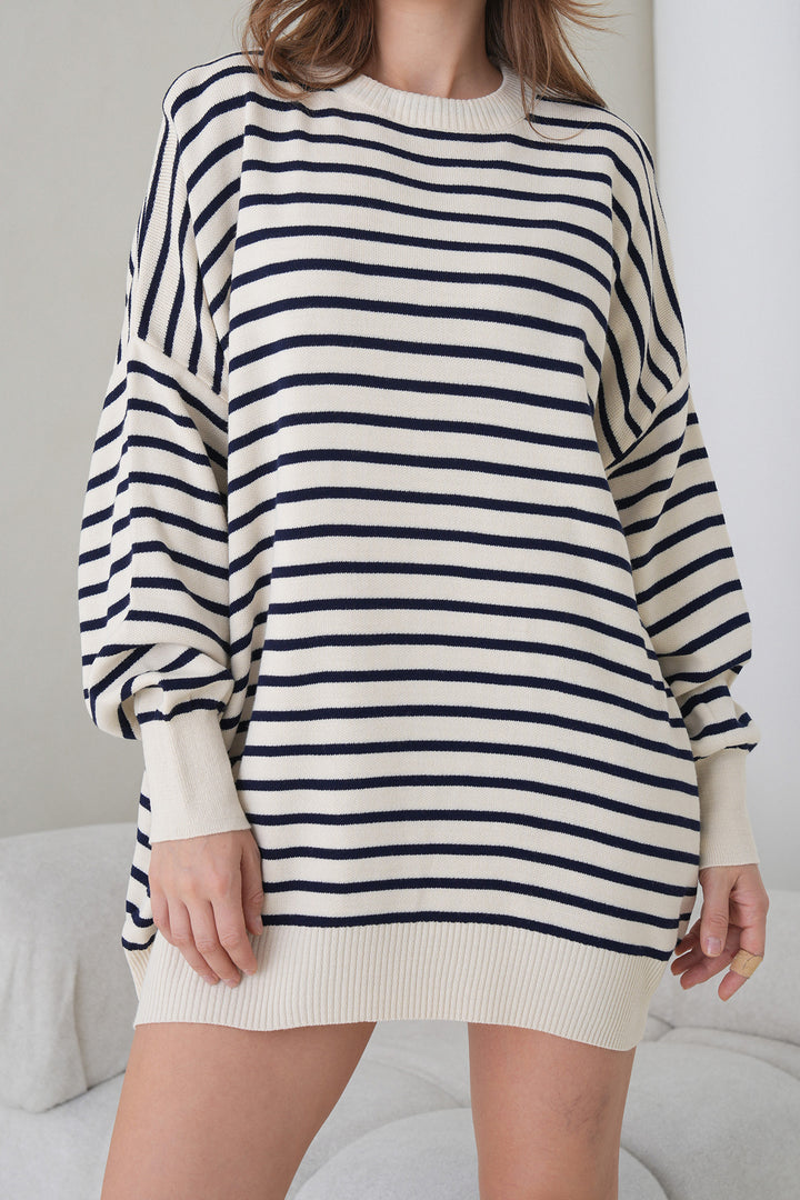 White Striped Bike Collar Striped Knit Mini Dress BCHPK-251240 - Tortosa