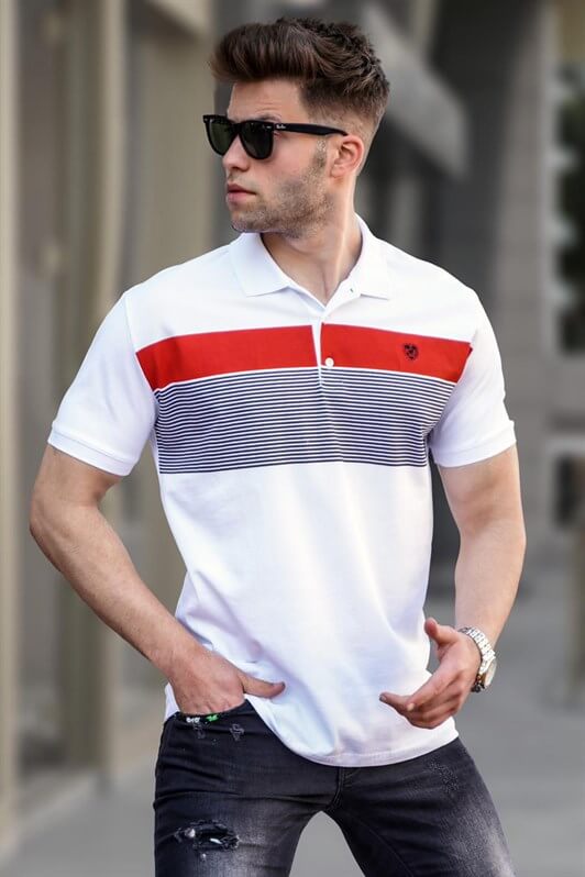 MDX White Striped Polo Neck Men's T-shirt 5864 - Vendrell