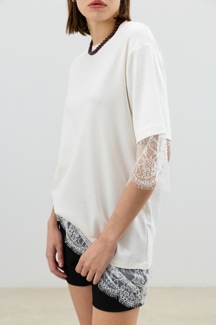 ANT Antioch Beyaz Dantel Detaylı Kadın T-Shirt - Châteauroux
