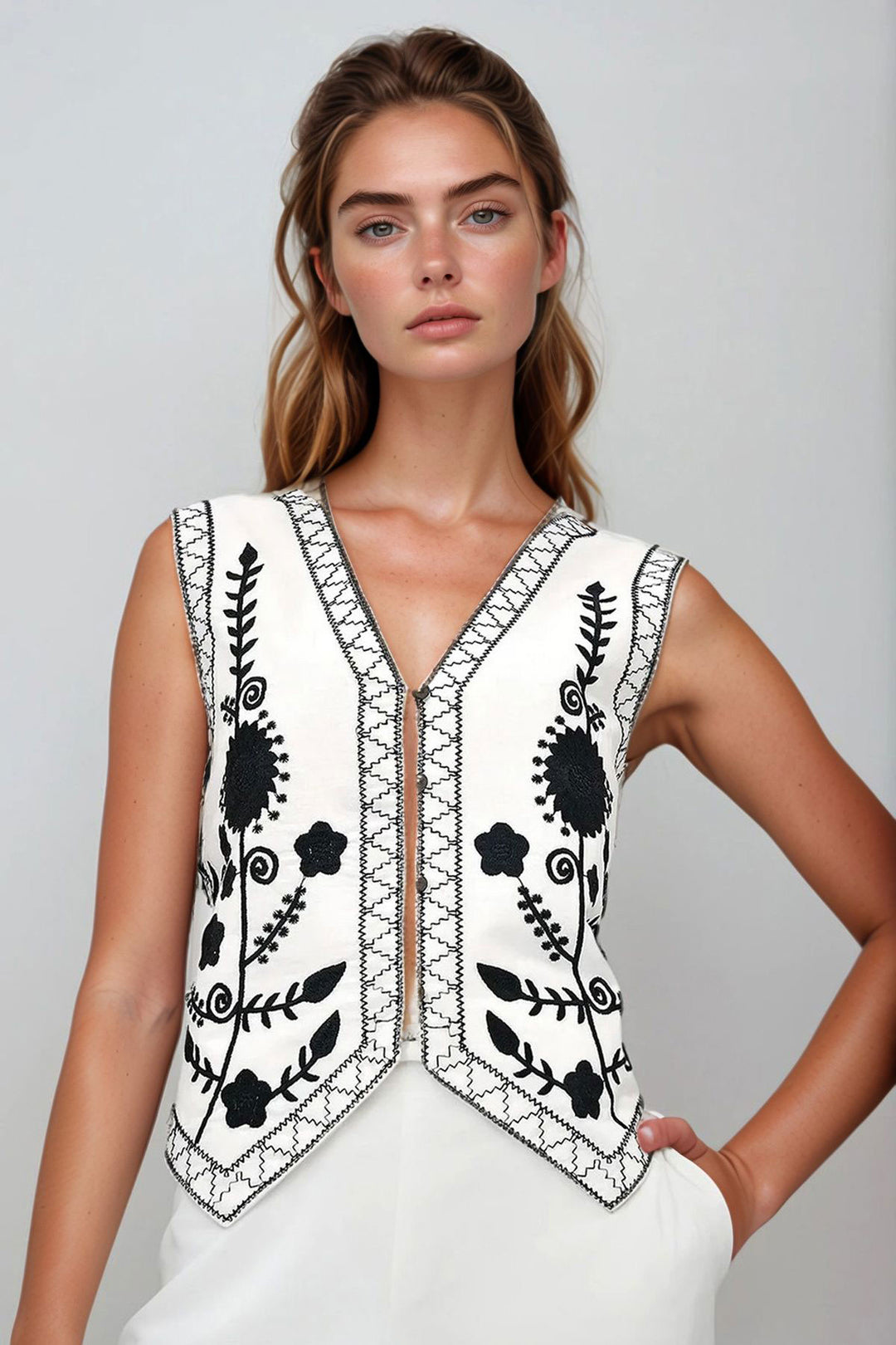 White Button Detailed Embroidered Linen Vest BCHESQ-251067 - Cozumel