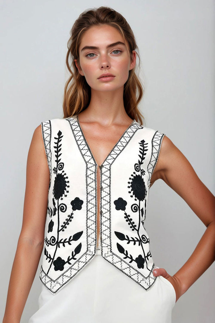 White Button Detailed Embroidered Linen Vest BCHESQ-251067 - Cozumel