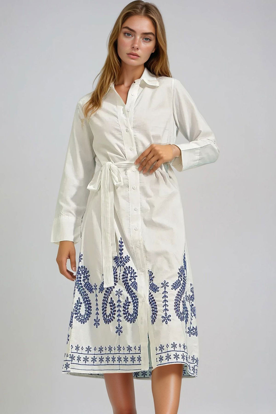 White Skirt Embroidered Poplin Shirt Dress BCHESQ-251106 - Upland