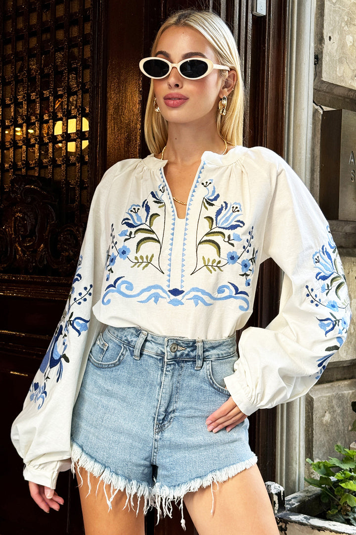 White Judge Collar Ethnic Embroidered Woven Blouse BCHESQ-251059 - Greensboro