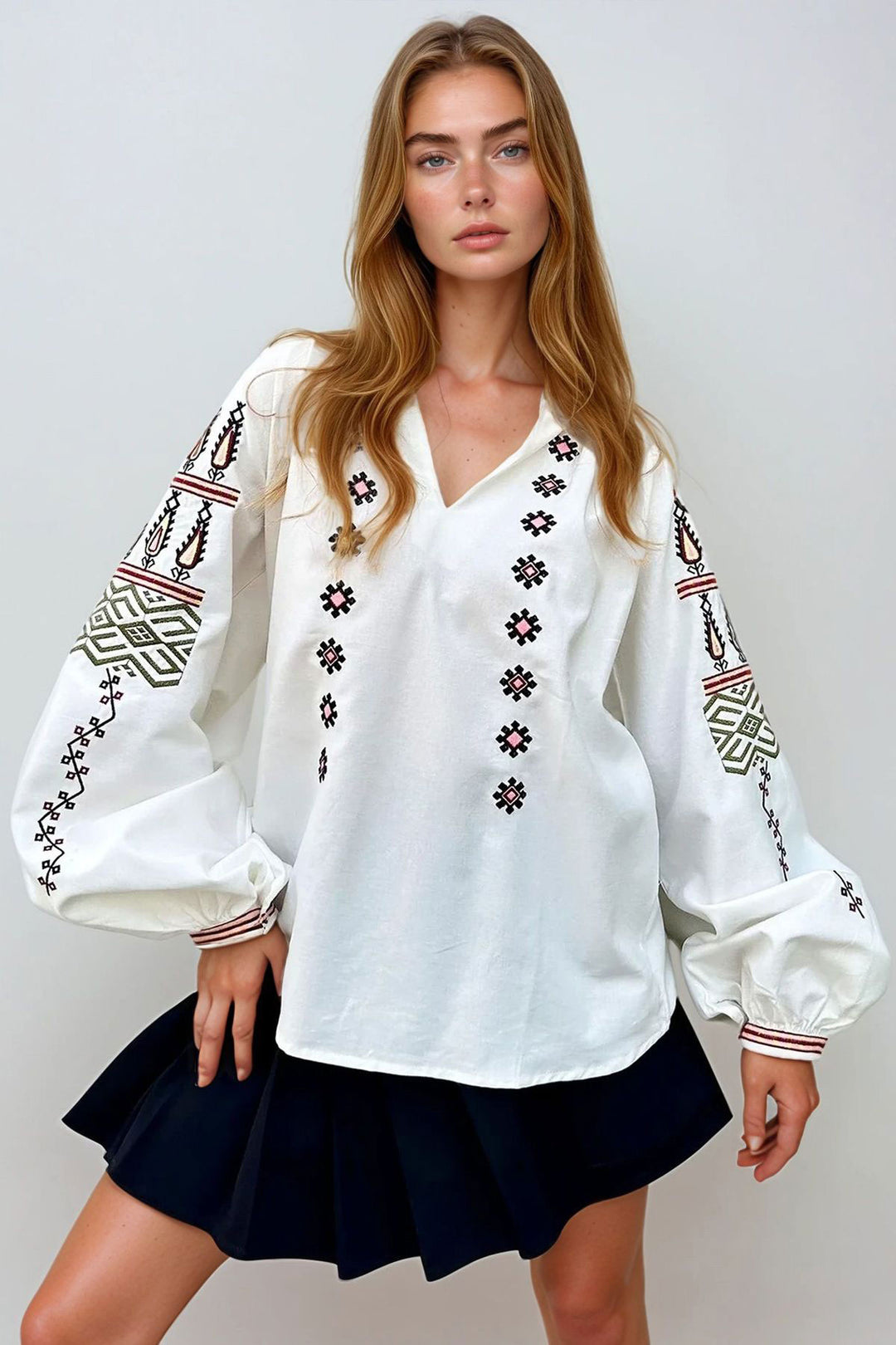 White Judge Collar Embroidered Balloon Sleeve Poplin Woven Blouse BCHESQ-251048 - Chaniá