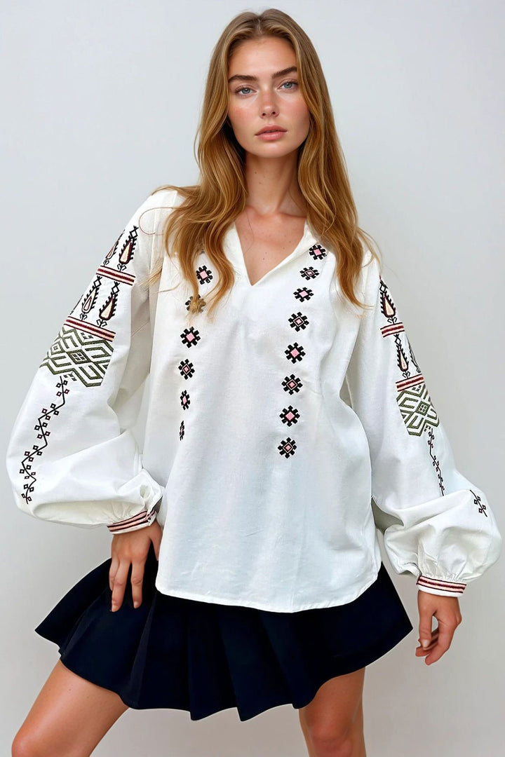 White Judge Collar Embroidered Balloon Sleeve Poplin Woven Blouse BCHESQ-251048 - Chaniá