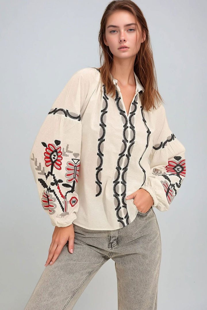 White Judge Collar Embroidered Woven Blouse BCHESQ-251031 - Benalmádena