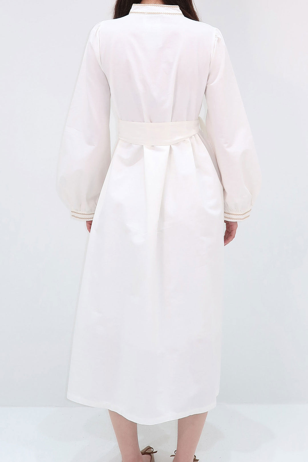 White Judge Collar Embroidered Puff Sleeve Belted Lined Woven Dress BCHESQ-251040 - Millcreek