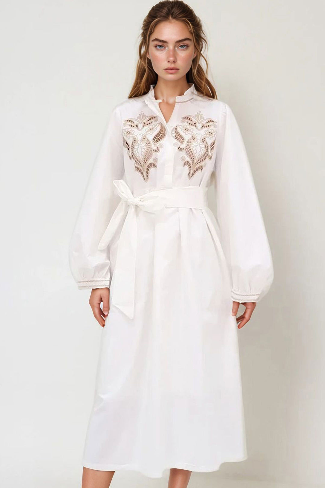 White Judge Collar Embroidered Puff Sleeve Belted Lined Woven Dress BCHESQ-251040 - Millcreek