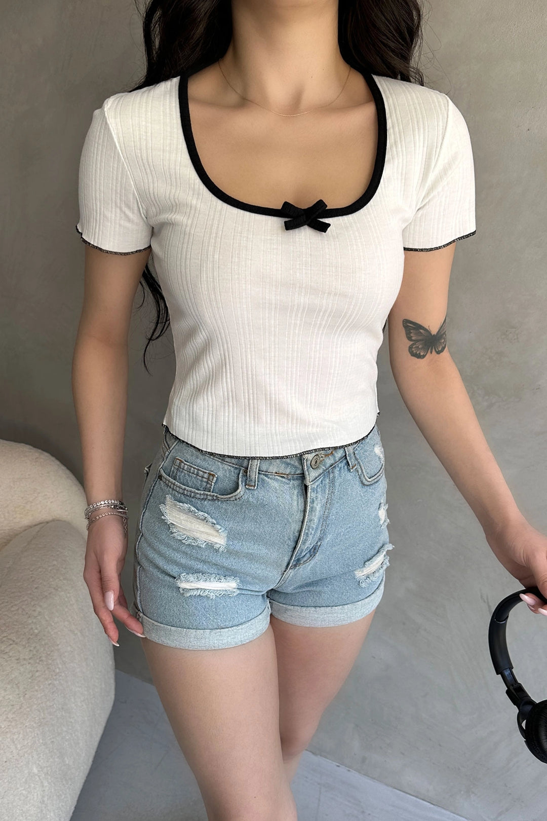 White Pool Neck Crop Blouse with Bow Detail BCDF-252176 - Beverly
