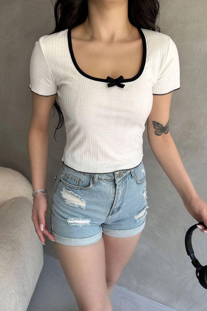 White Pool Neck Crop Blouse with Bow Detail BCDF-252176 - Beverly