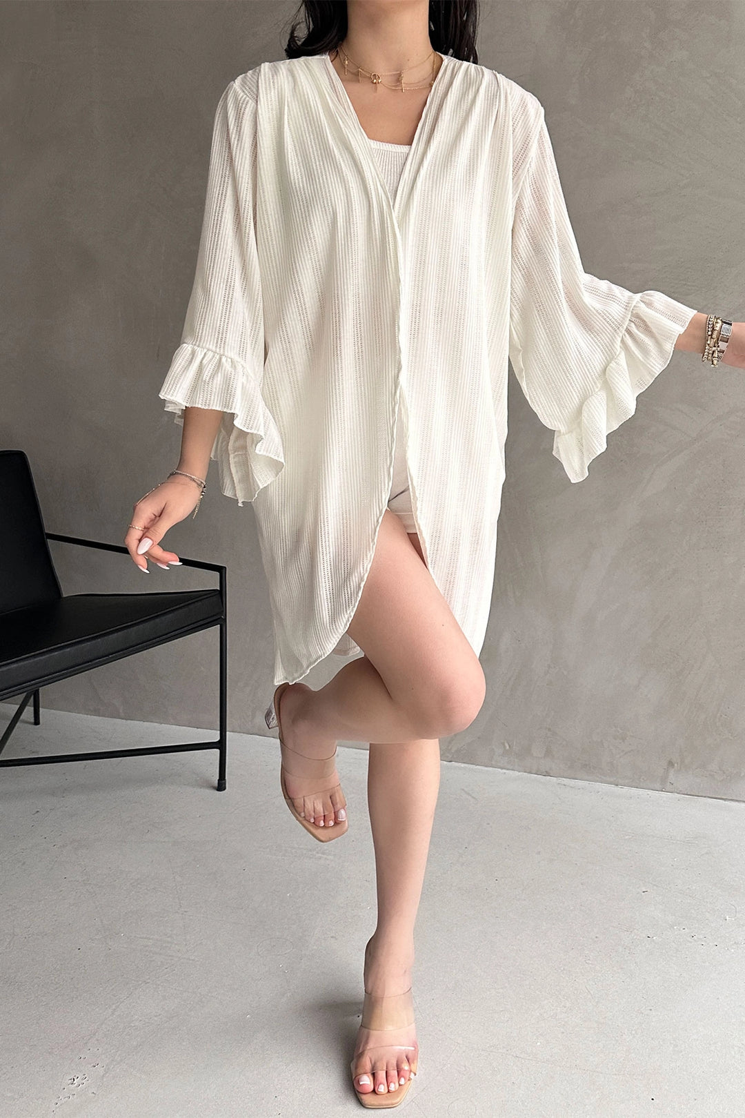 White Ruffled Cardigan with Flared Sleeves BCDF-252171 - Buena Park