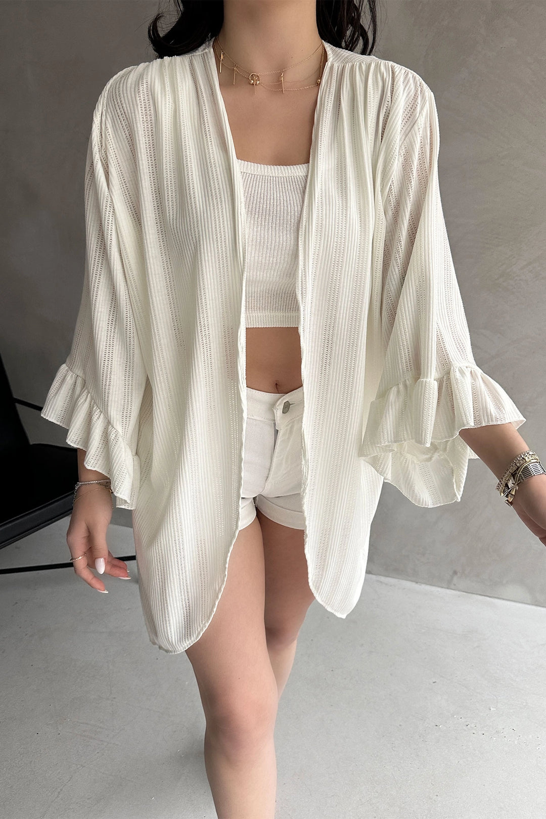 White Ruffled Cardigan with Flared Sleeves BCDF-252171 - Buena Park