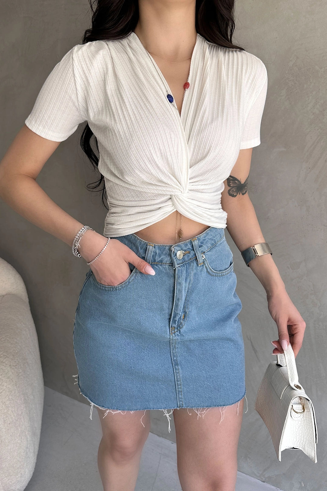 White Wrap Neck Crop Blouse BCDF-252178 - Rheden