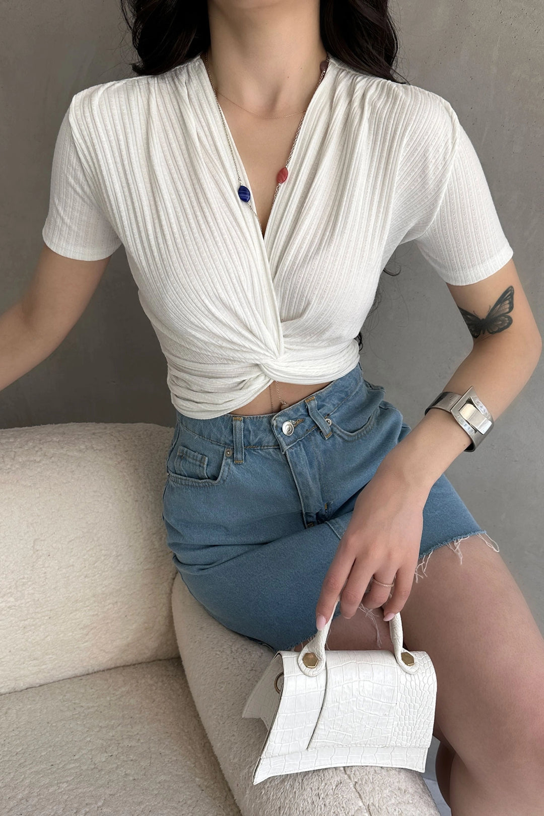 White Wrap Neck Crop Blouse BCDF-252178 - Rheden