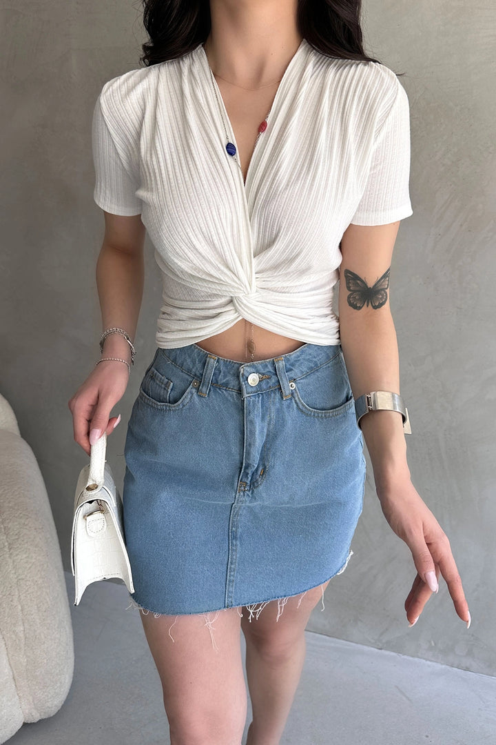 White Wrap Neck Crop Blouse BCDF-252178 - Rheden