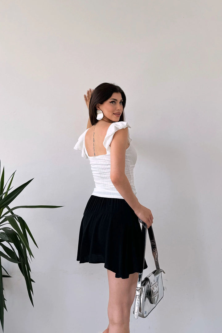 White Wrap Neck Blouse with Ruffled Shoulder BCDF-251091 - Châtelet