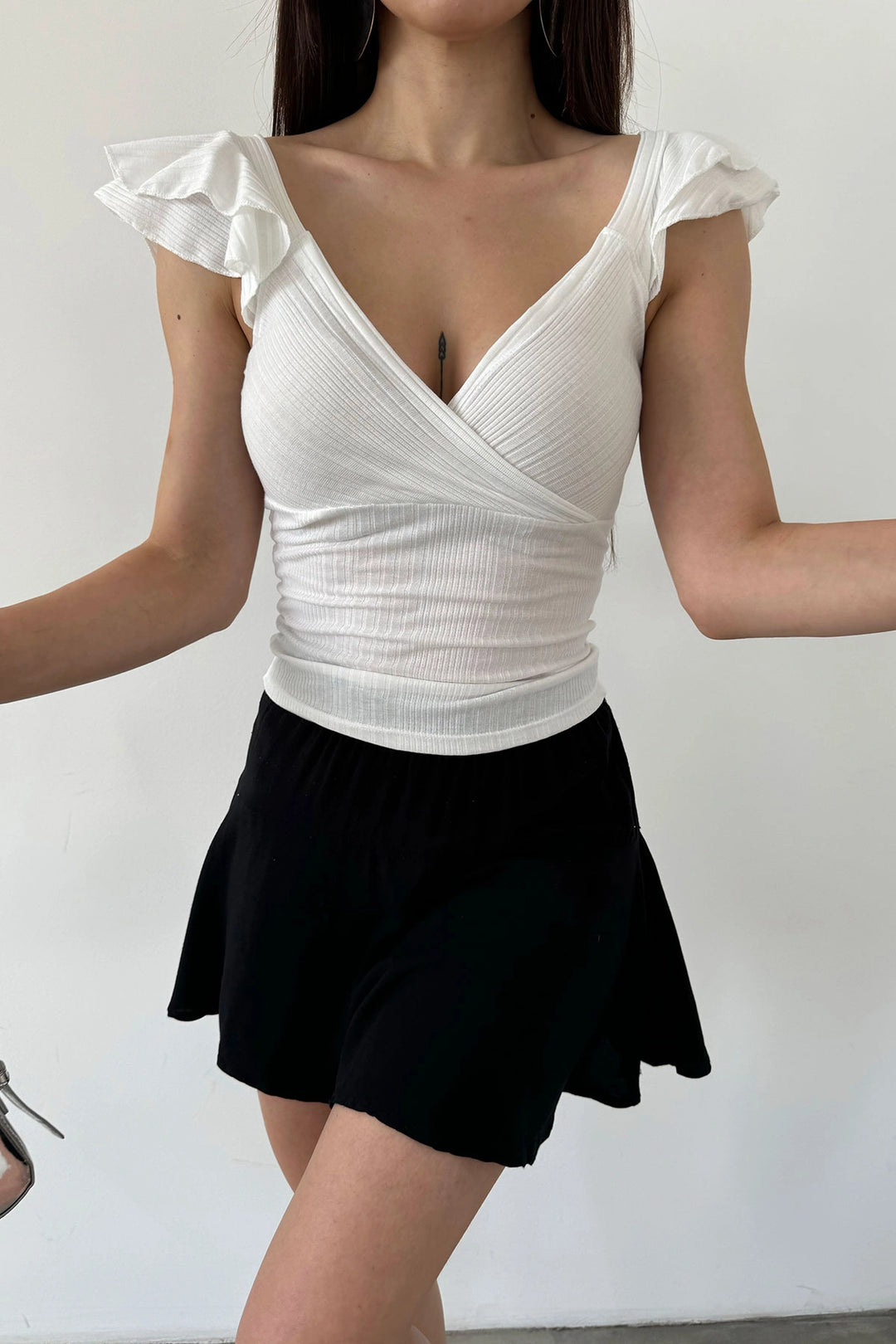White Wrap Neck Blouse with Ruffled Shoulder BCDF-251091 - Châtelet