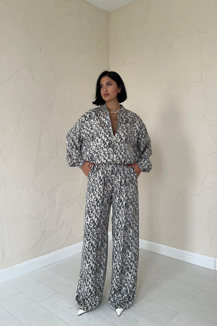 ELS White Leopard Patterned Jacket and Pants Set - Leopard - Altamura