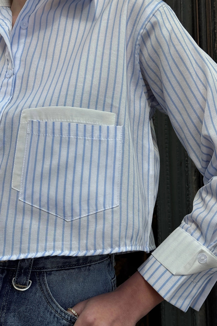 White Blue Headline and Pockets Striped Oversize Crop Woven Shirt with Garnish BC231036 - Menomonee Falls