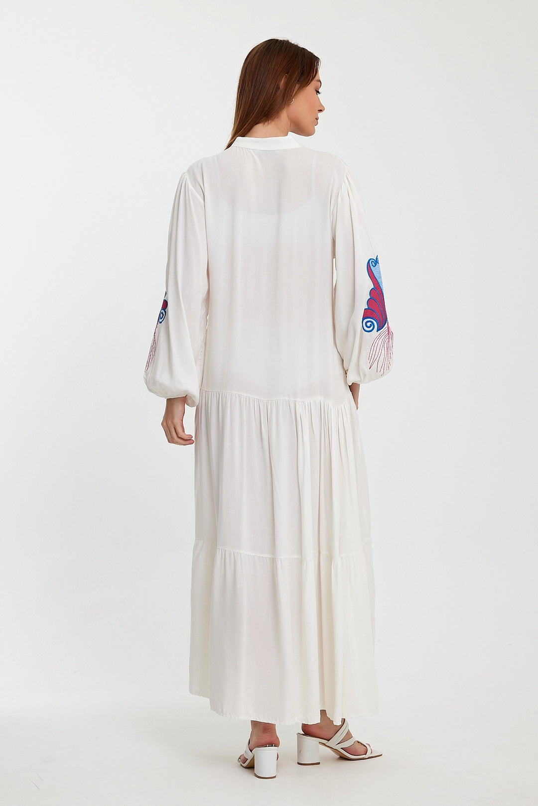 Maxi Boy White Embroidered Layered Ruffle Button Detail Woven Dress BCVL-24942 - Babylon