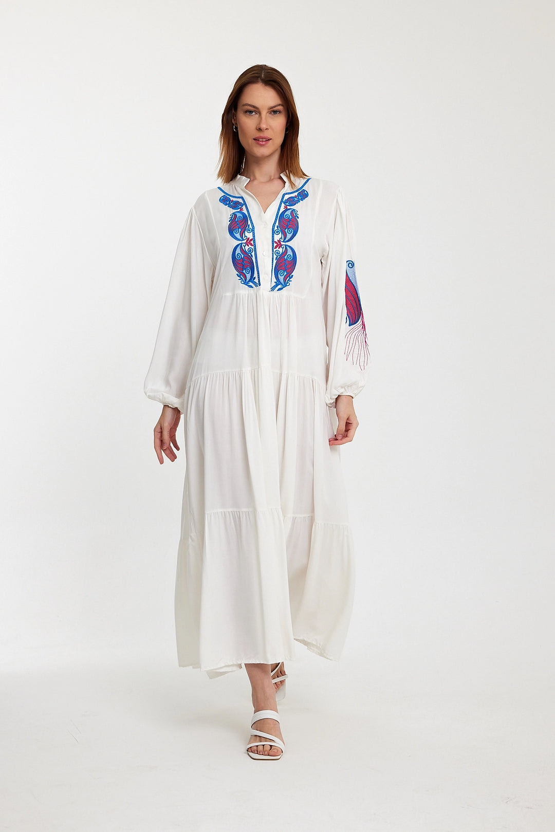 Maxi Boy White Embroidered Layered Ruffle Button Detail Woven Dress BCVL-24942 - Babylon