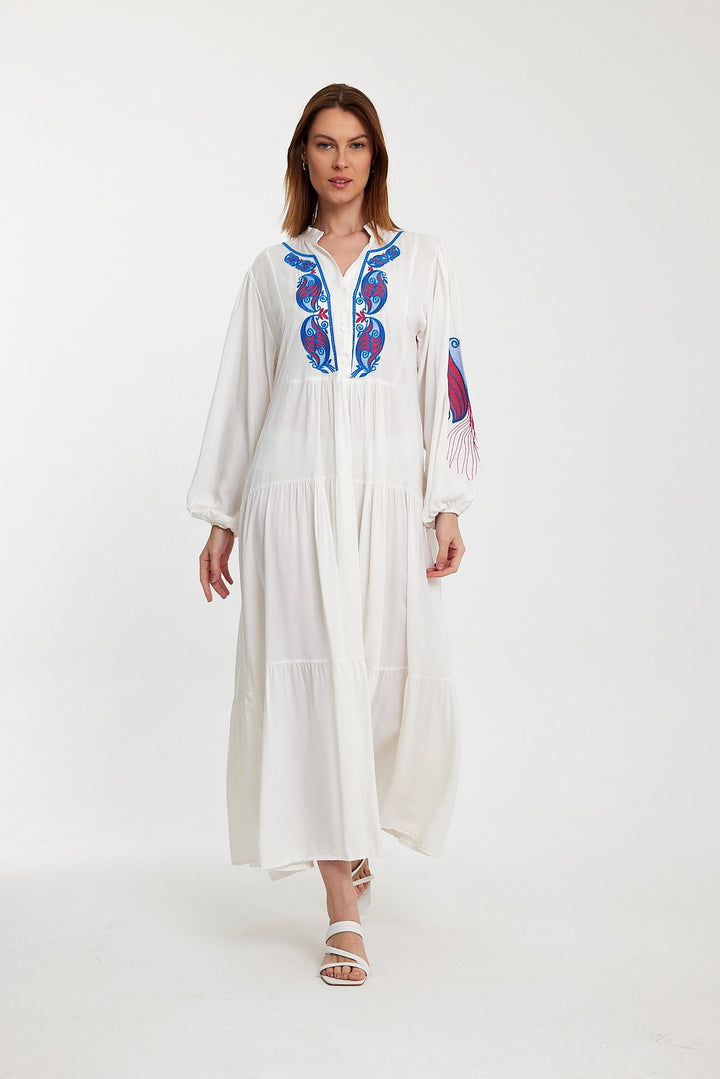Maxi Boy White Embroidered Layered Ruffle Button Detail Woven Dress BCVL-24942 - Babylon