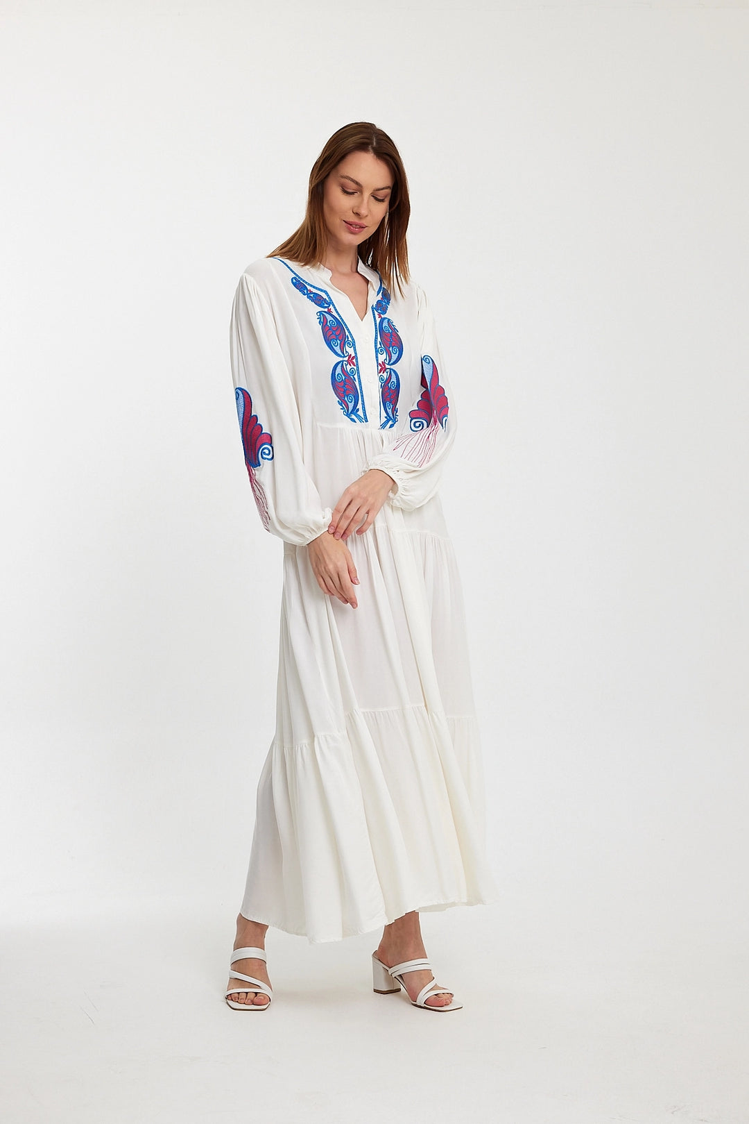 Maxi Boy White Embroidered Layered Ruffle Button Detail Woven Dress BCVL-24942 - Babylon