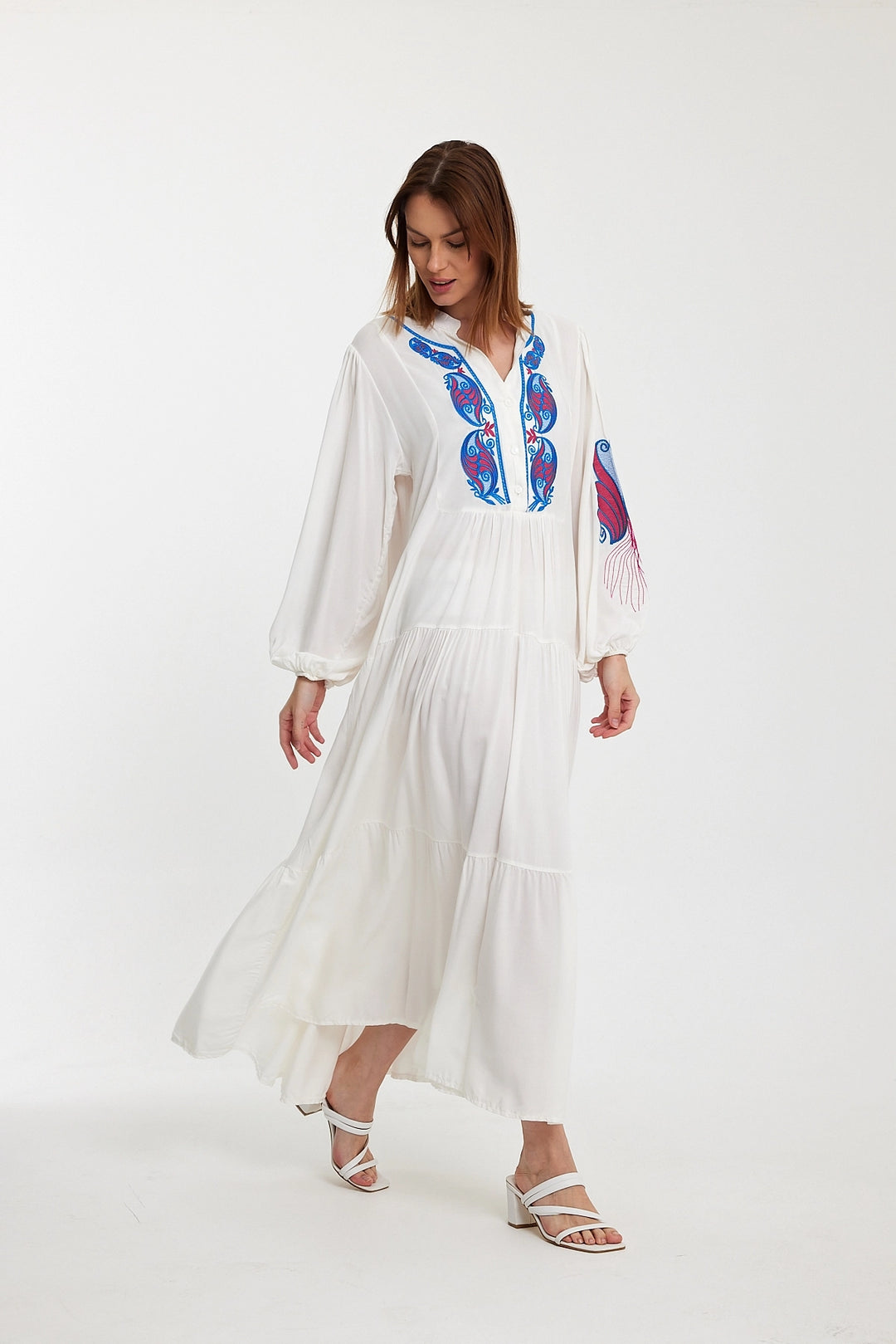 Maxi Boy White Embroidered Layered Ruffle Button Detail Woven Dress BCVL-24942 - Babylon