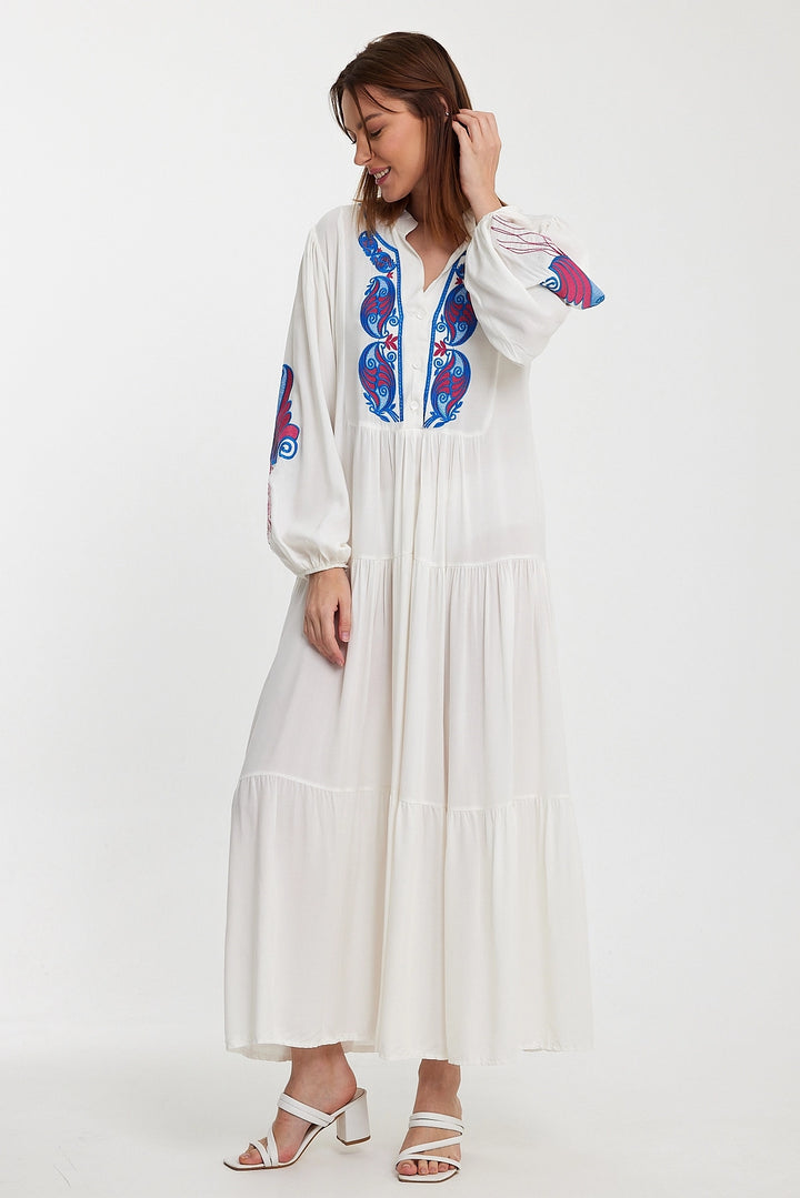 Maxi Boy White Embroidered Layered Ruffle Button Detail Woven Dress BCVL-24942 - Babylon