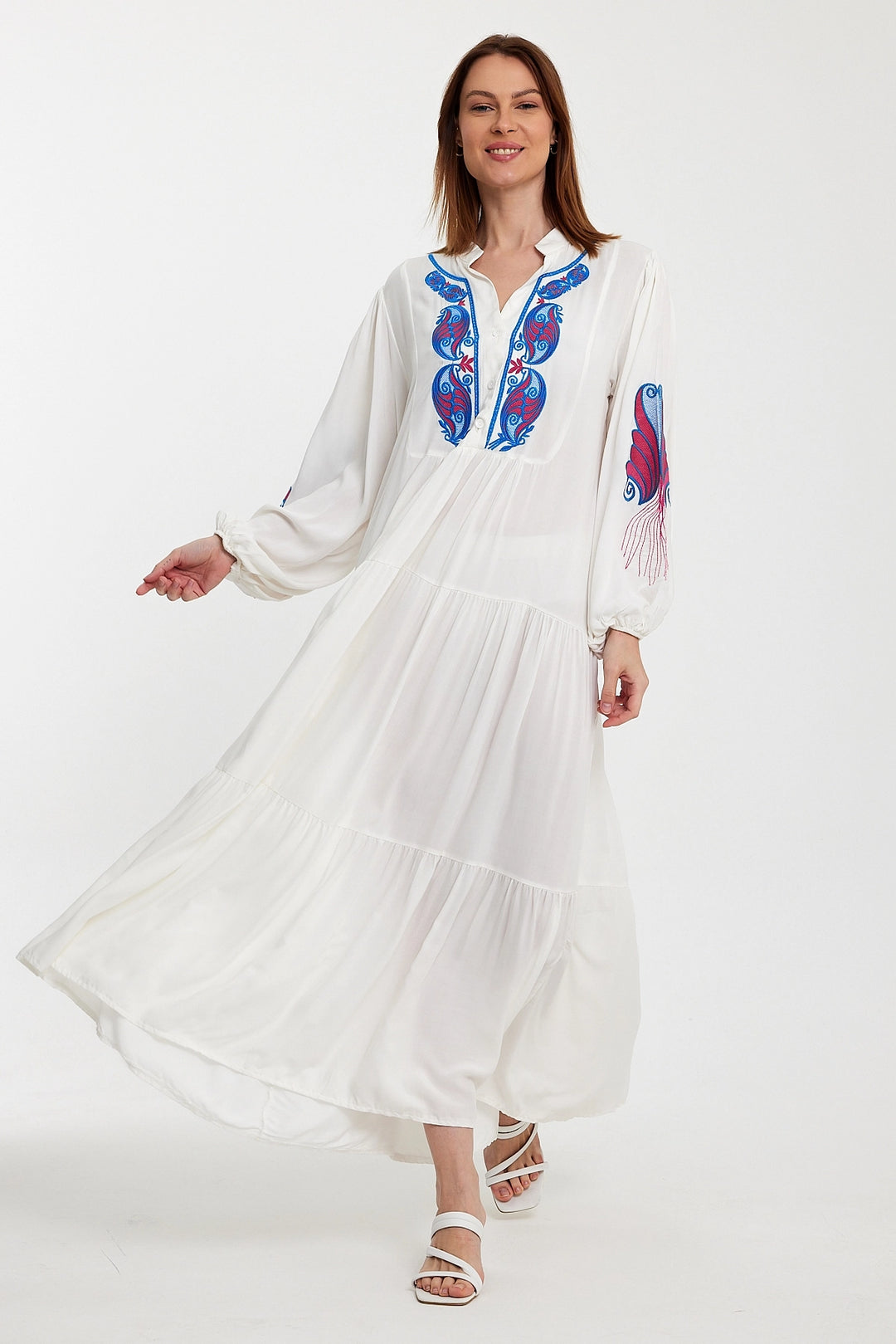Maxi Boy White Embroidered Layered Ruffle Button Detail Woven Dress BCVL-24942 - Babylon