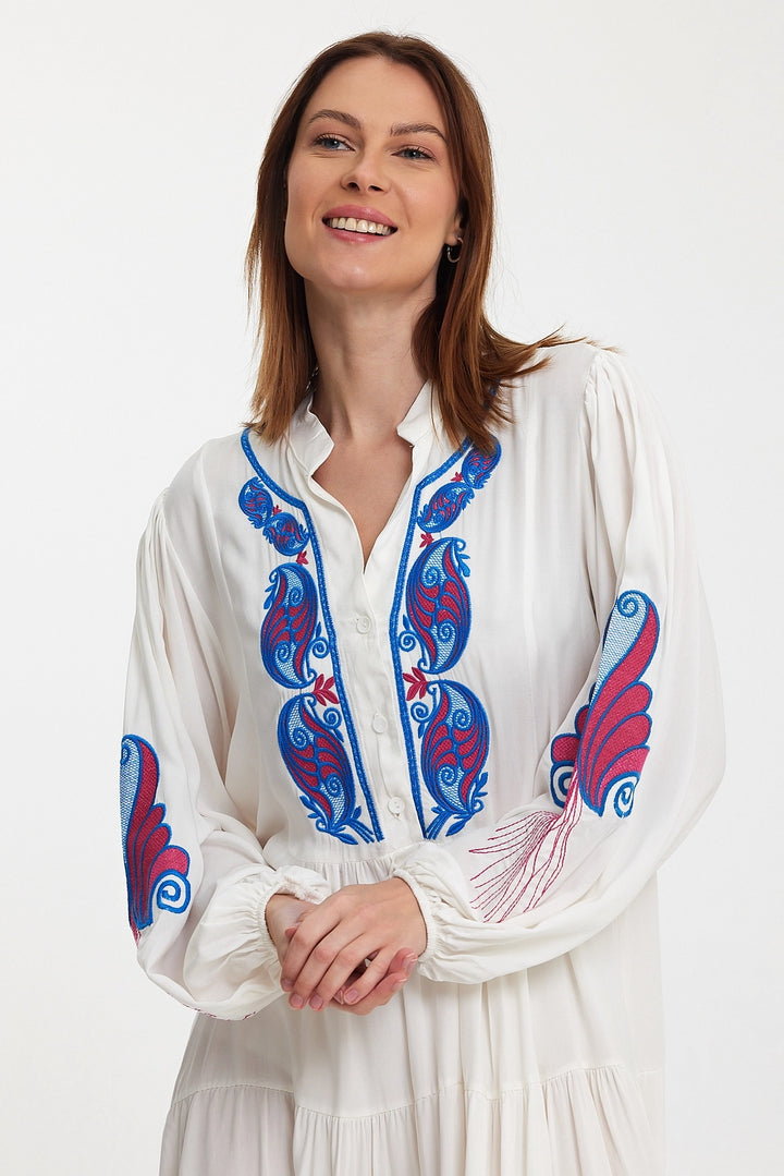 Maxi Boy White Embroidered Layered Ruffle Button Detail Woven Dress BCVL-24942 - Babylon