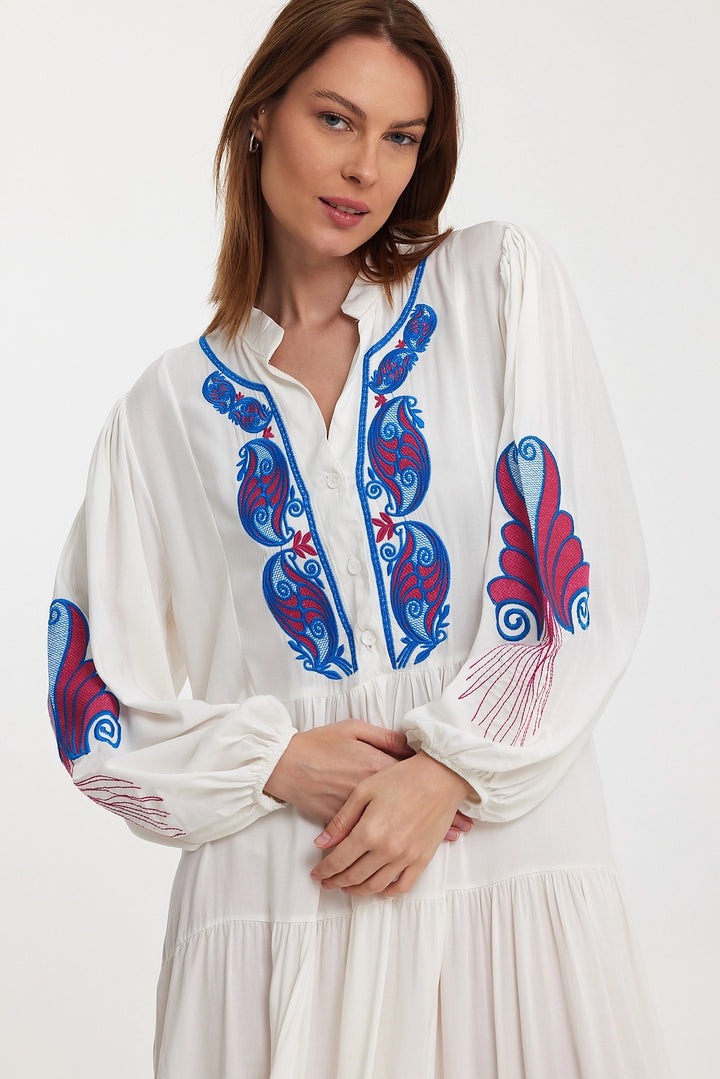 Maxi Boy White Embroidered Layered Ruffle Button Detail Woven Dress BCVL-24942 - Babylon