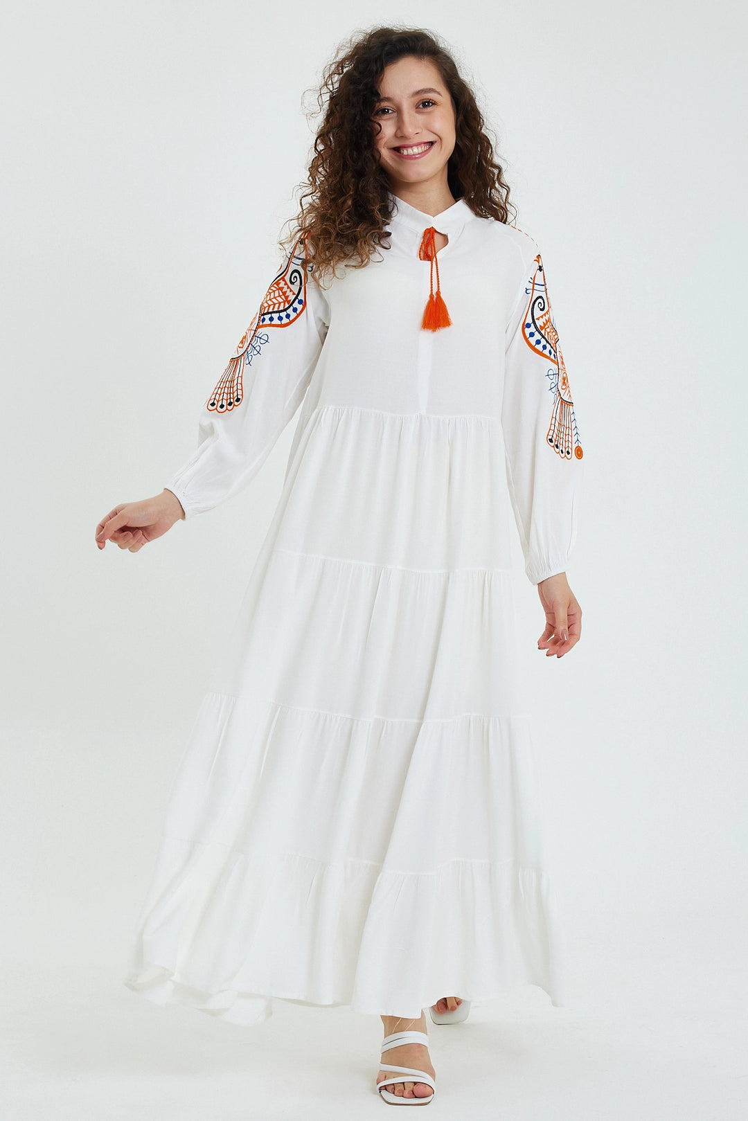 Maxi Boy White Embroidered Layered Ruffle Long Woven Dress BCVL-24947 - Roanoke