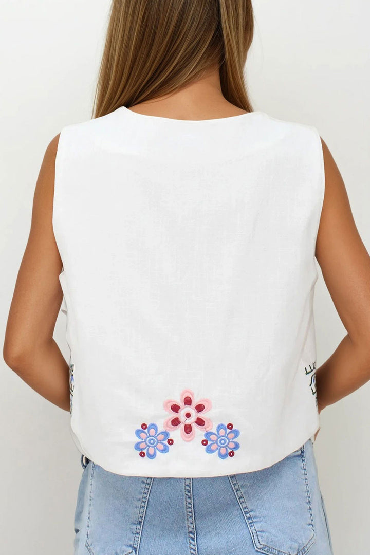 White Embroidered Lace-Up Detail Design Raw Linen Vest BCHESQ-251144 - Foligno
