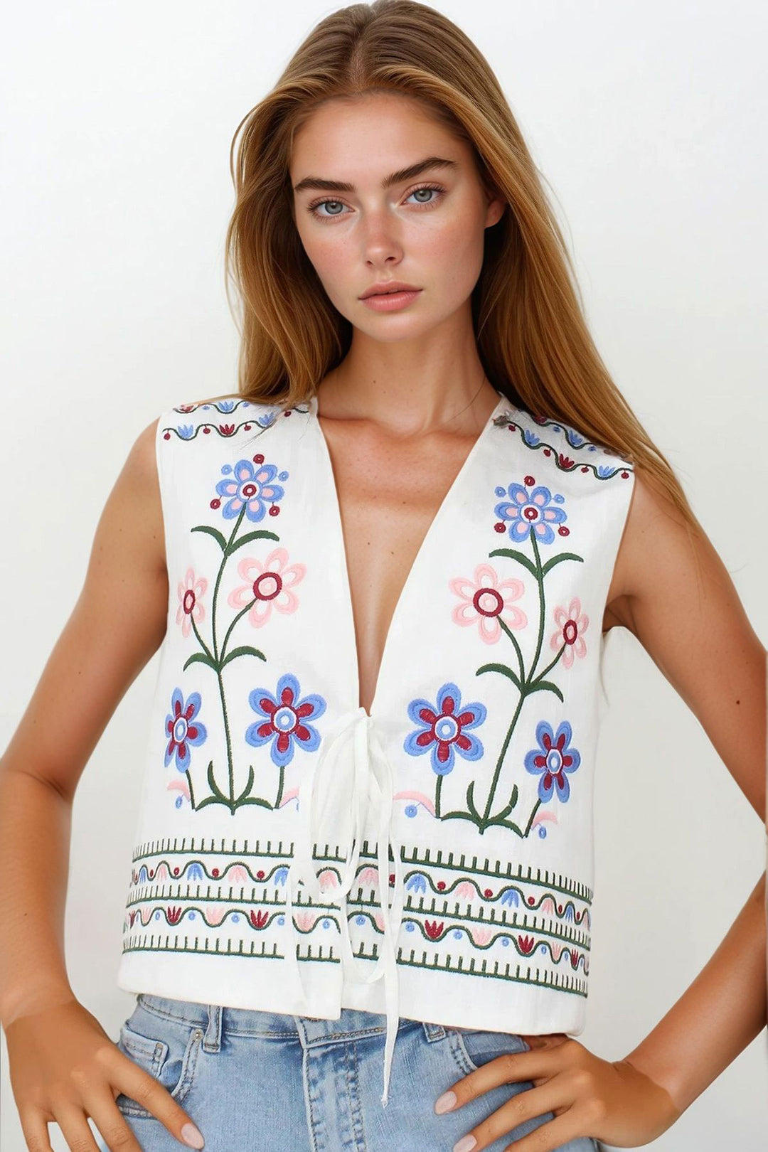 White Embroidered Lace-Up Detail Design Raw Linen Vest BCHESQ-251144 - Foligno