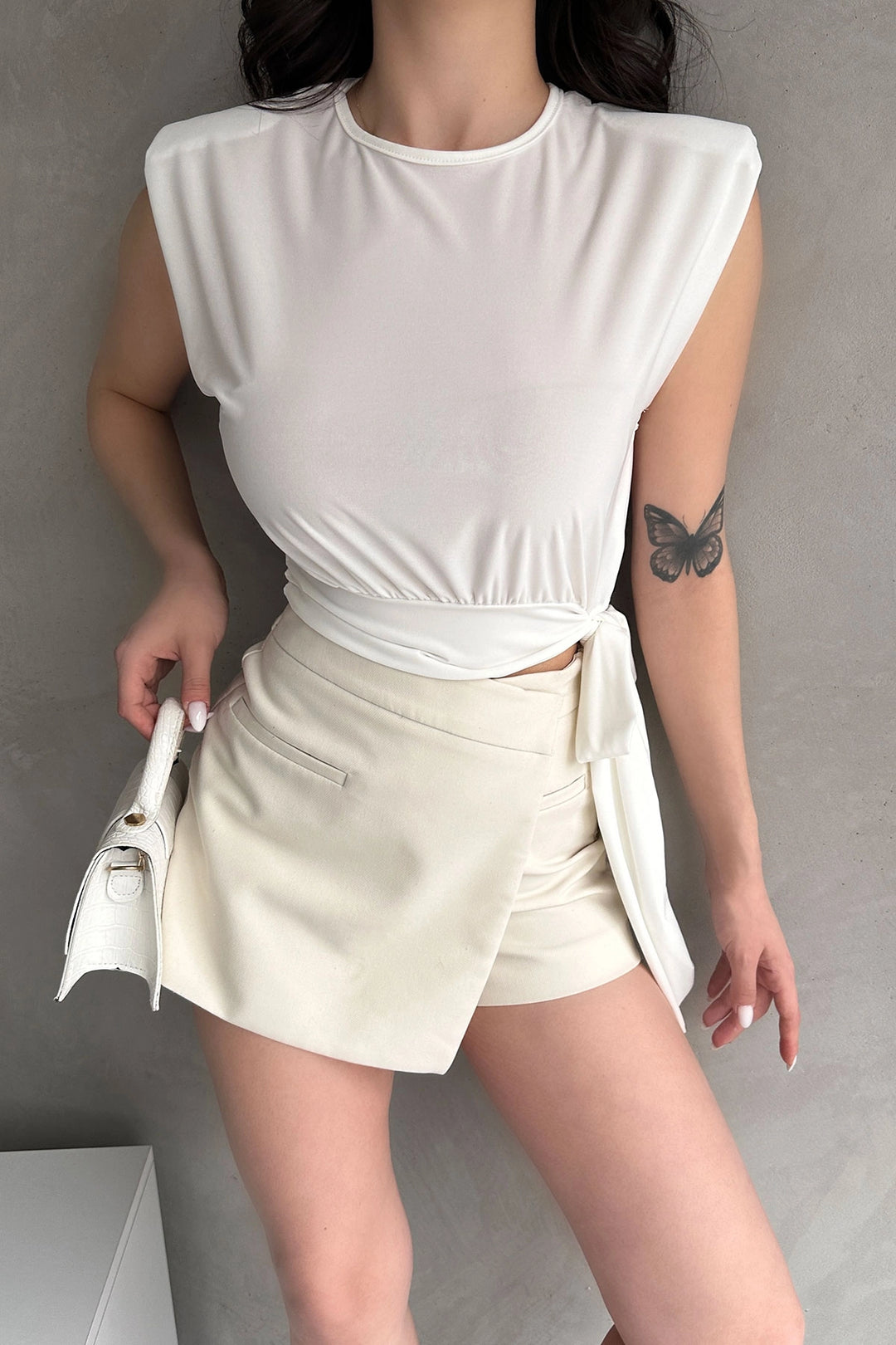 White Shoulder Padded Waist Belted Blouse BCDF-252160 - Garden Grove