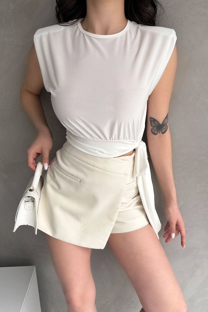 White Shoulder Padded Waist Belted Blouse BCDF-252160 - Garden Grove