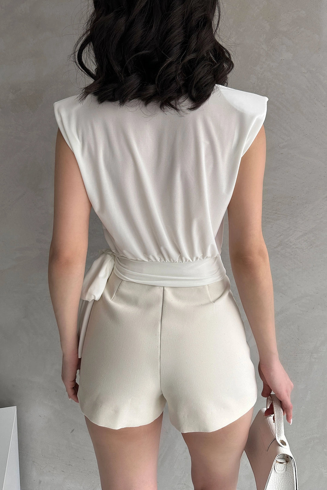 White Shoulder Padded Waist Belted Blouse BCDF-252160 - Garden Grove