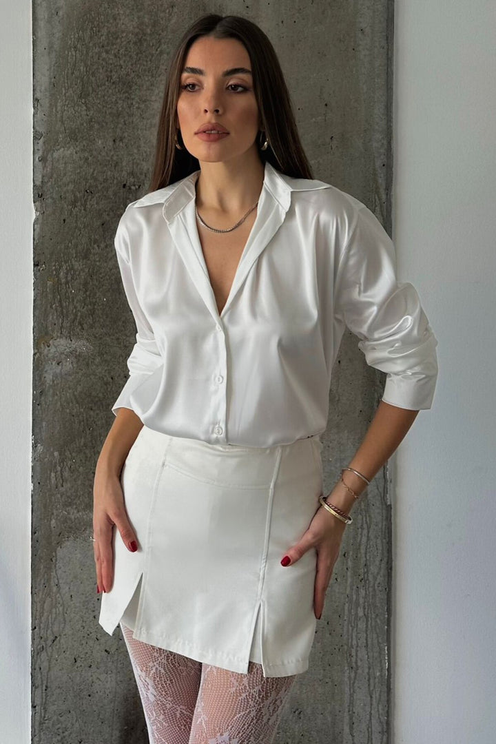 Beyaz Oversize Basic Saten Gömlek - Hesperia