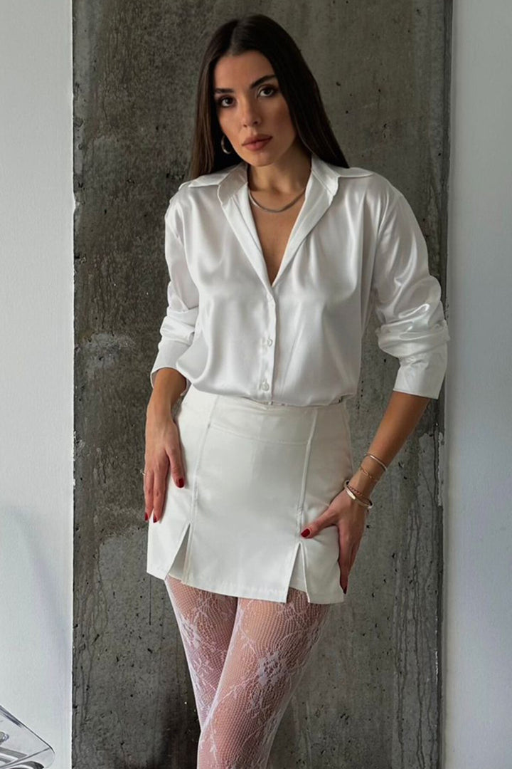 Beyaz Oversize Basic Saten Gömlek - Hesperia
