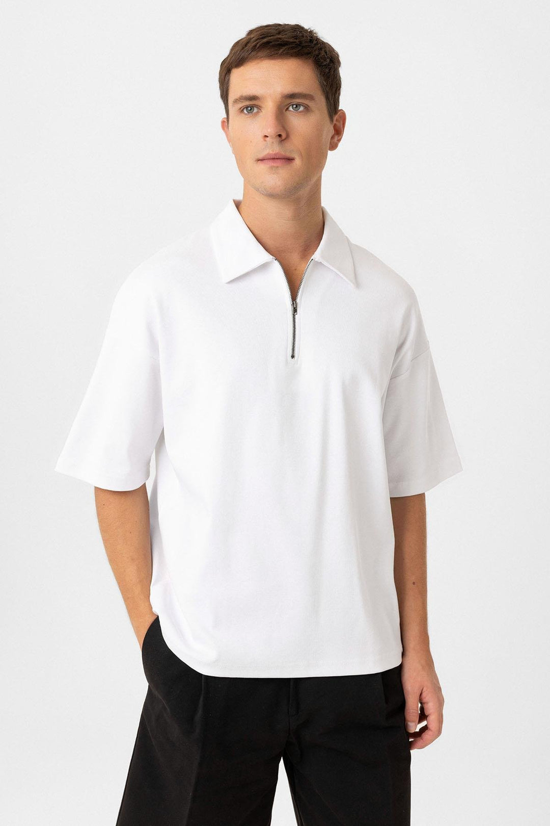 ANT Antioch Beyaz Oversize Polo Yaka Fermuarlı Erkek T-Shirt - Kenosha