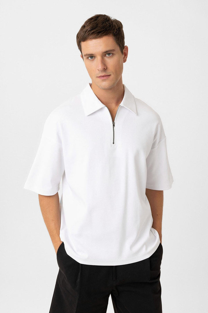 ANT Antioch Beyaz Oversize Polo Yaka Fermuarlı Erkek T-Shirt - Kenosha