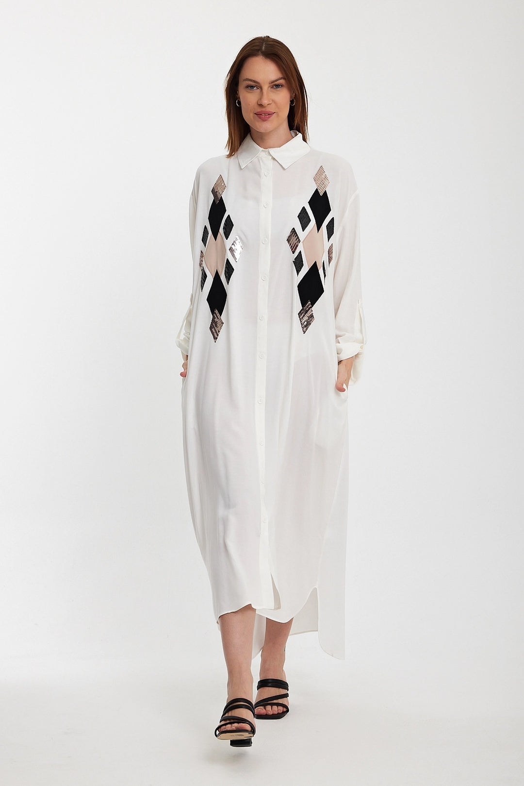 Maxi Boy White Sequined Long Woven Shirt Dress BCVL-24943 - Bornheim