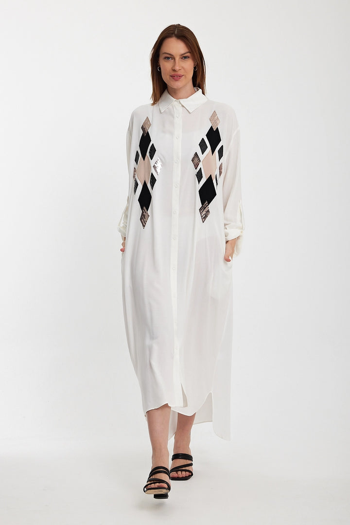 Maxi Boy White Sequined Long Woven Shirt Dress BCVL-24943 - Bornheim