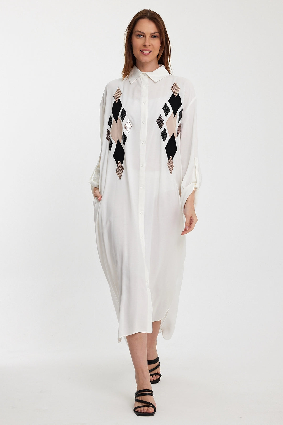 Maxi Boy White Sequined Long Woven Shirt Dress BCVL-24943 - Bornheim