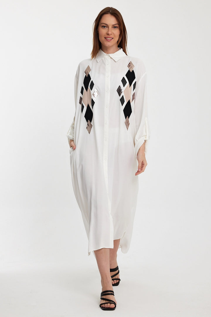Maxi Boy White Sequined Long Woven Shirt Dress BCVL-24943 - Bornheim